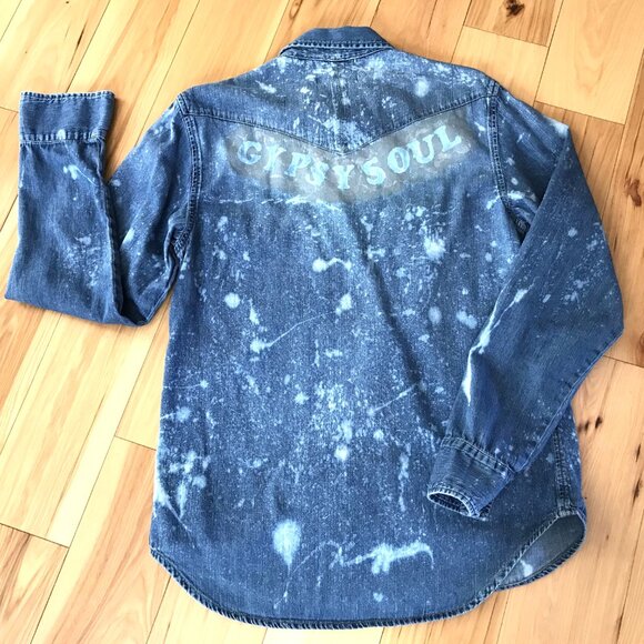 Upcycled Bleach Distressed Denim Shirt, GAP Medium:  Gypsy Soul Snap Closure Top - Picture 9 of 10